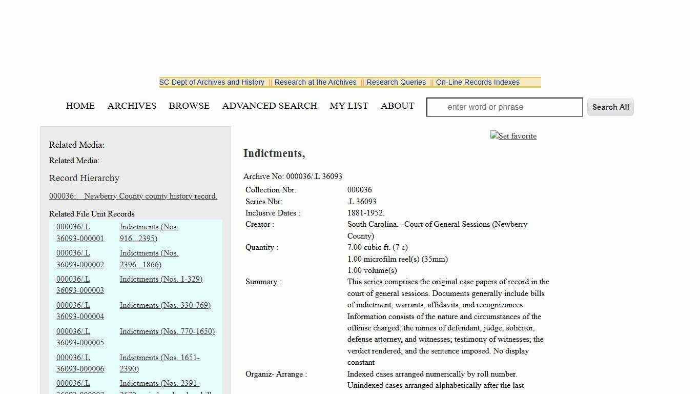 Indictments, SC Department of Archives and History