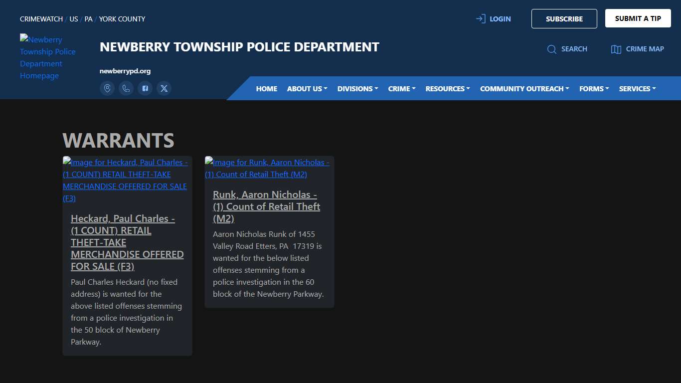 Newberry Township Police Department Warrants CRIMEWATCH