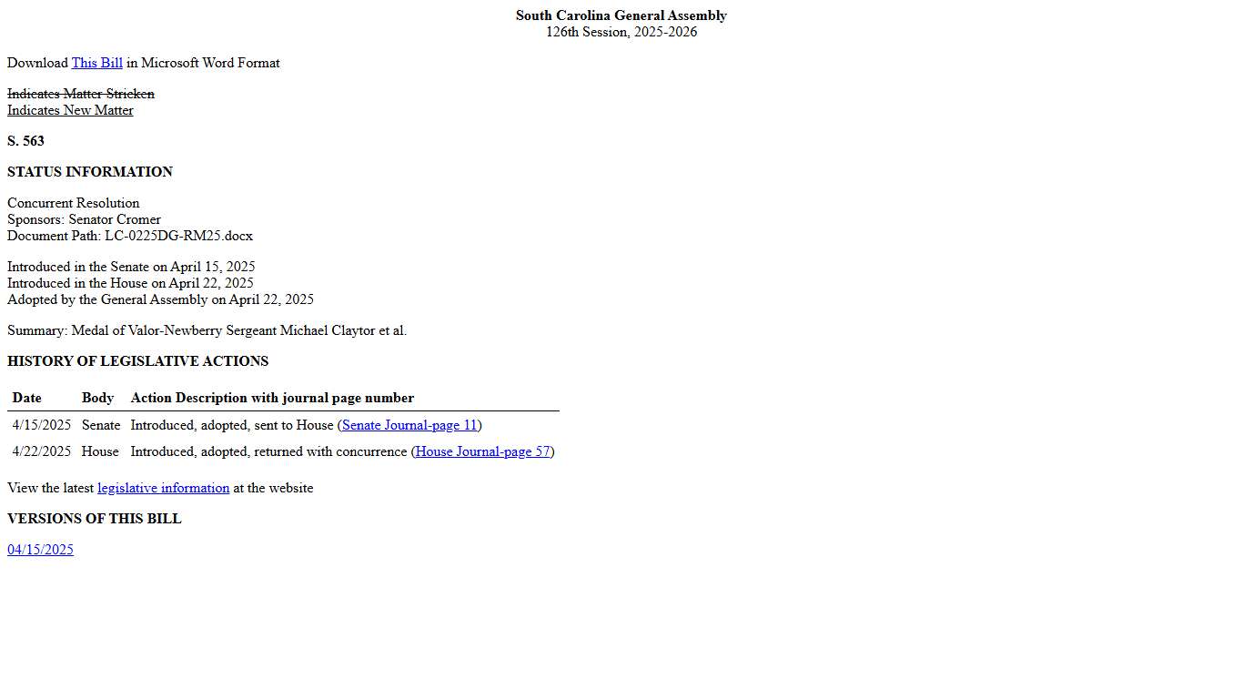 2025-2026 Bill 563: Medal of Valor-Newberry Sergeant Michael Claytor et al. - South Carolina Legislature Online